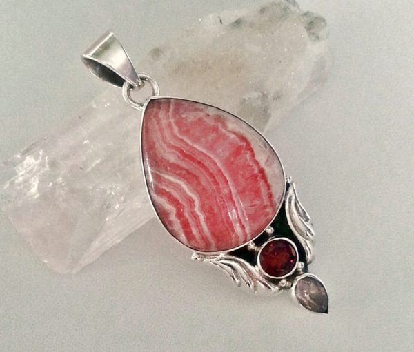 Rhodochrosite - Rose Quartz - Red Garnet Sterling Silver Pendant